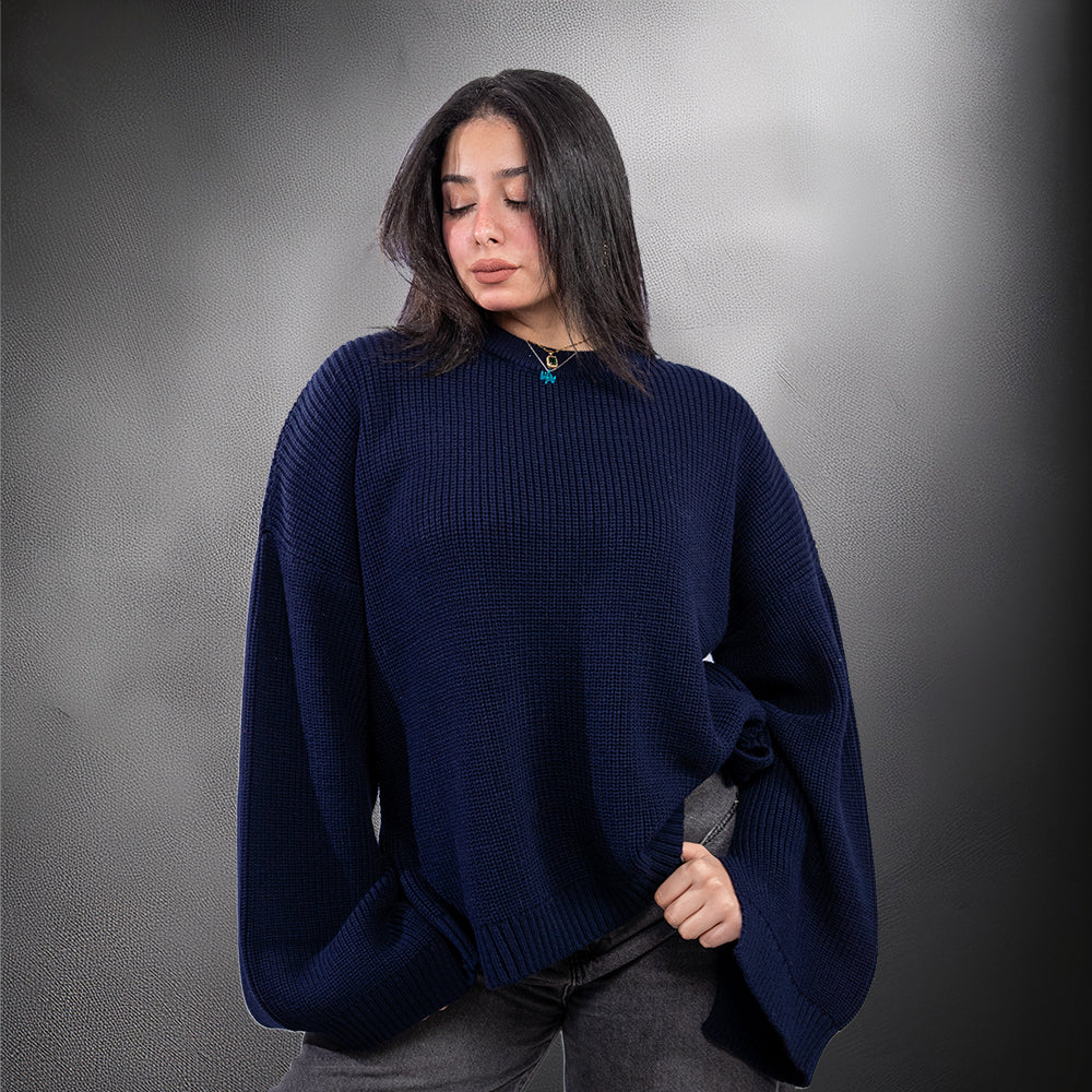 Navy Blue Side-Slit Oversized Pullover