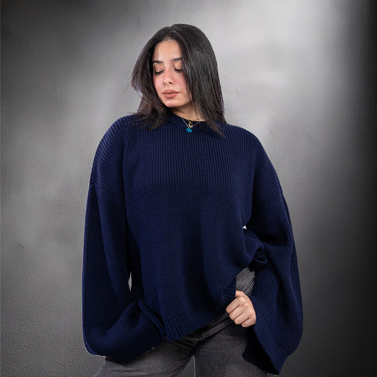 Navy Blue Side-Slit Oversized Pullover